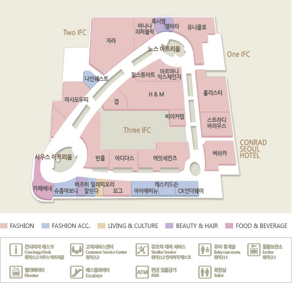 
			IFC 몰 L3 평면도 : 꼬또, 더 스테이크 하우스 바이 빕스, 락앤웍, 르브런쉭, 맥도날드, 맨무샤, 박가부대, 베스킨라빈스 앤 던킨도너츠, 사리원, 스무디킹, 스쿨푸드, 스타벅스, 아비꼬푸드, 어니스트키친, 온더보더, 올리브마켓, 와세다야, 제일제면소, 커피빈(L3), 토마틸로, 포하노이, 푸드엠파이어, 해우리, CGV, M-PUB 매장이 위치하고 있습니다.
			