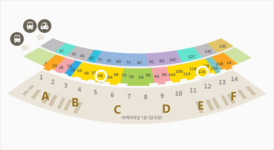 
			인천공항 출발 버스 정류소 : 게이트 5B 또는 12A에서 탑승
			